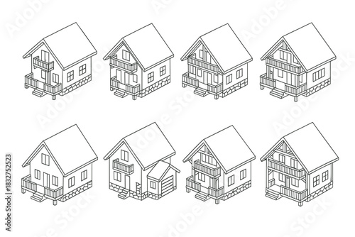 Collection of eight minimalistic cabin line drawings for architectural designs