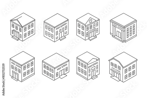 Set of eight isometric high school building designs for educational materials