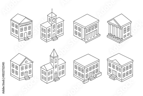 Isometric line art of educational and municipal buildings for design projects