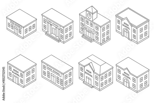 Collection of isometric high school building illustrations for design projects