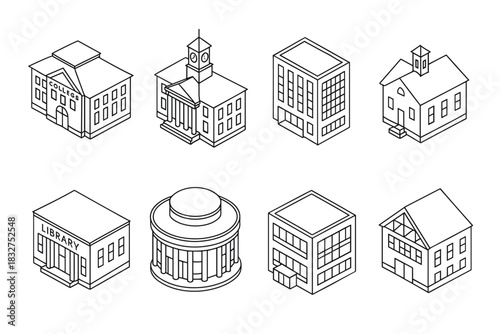 Collection of educational and government building icons for graphic design