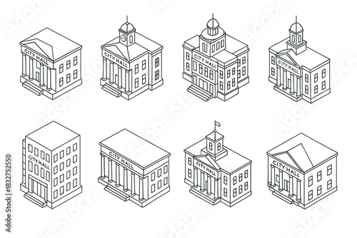 Set of eight city hall building designs for urban planning and architecture projects