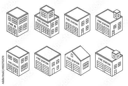 Variety of fire station building designs in isometric style for architecture and planning