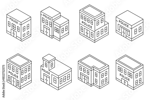 Collection of isometric police station building designs for urban planning concepts