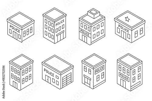 Isometric police station building designs for architectural concepts