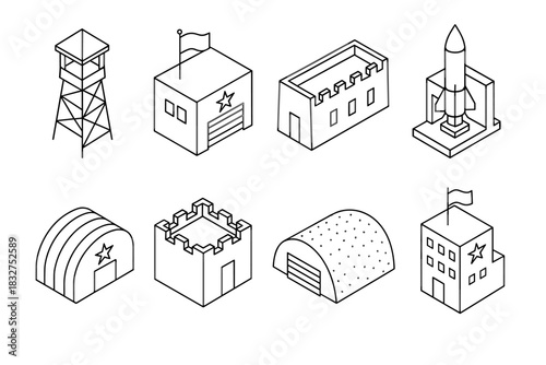 Isometric military icons set featuring bunkers guard tower and missile base for design projects