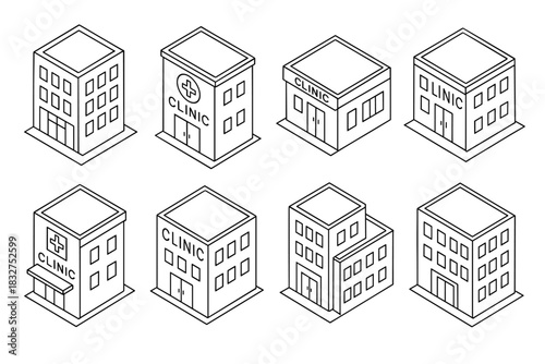 Isometric clinic building icons for medical design and urban planning