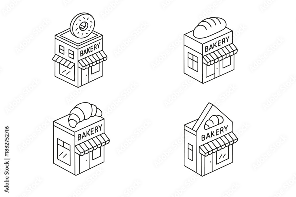 Fototapeta premium Isometric bakery building set with donut, bread, and croissant designs for creative projects