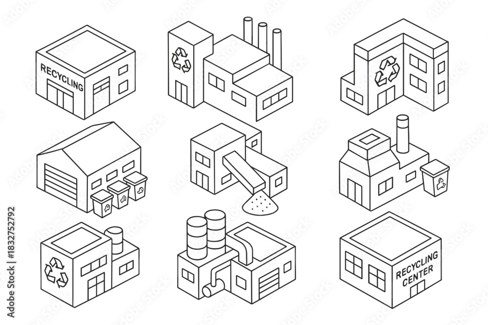 Fototapeta premium Recycling and waste management facility icons for environmental design projects