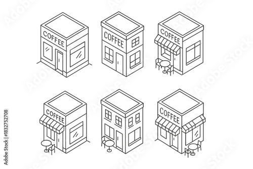 Isometric coffee shop building set for design projects or urban planning