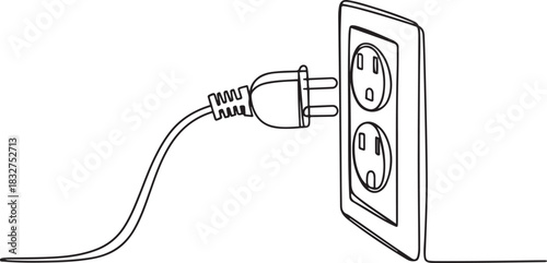 One continuous line drawing of plug inserting into electric outlet. Power socket energy disconnect in simple linear style.one line  vector illustration  with out background