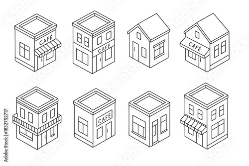 Minimalist isometric cafe and house building set for design projects