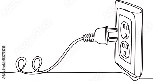One continuous line drawing of plug inserting into electric outlet. Power socket energy disconnect in simple linear style.one line  vector illustration  with out background