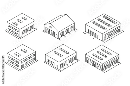 Isometric line drawings of industrial warehouse buildings for architectural design