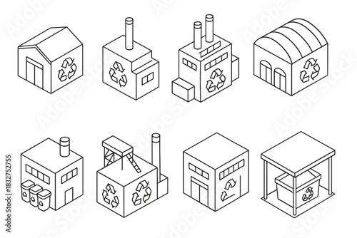 Eco-friendly recycling factories icons set for environmental design projects