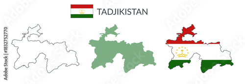 Tadjikistan geographical borders isolated on white background. Flag of Tadjikistan. Vector flat cliparts.