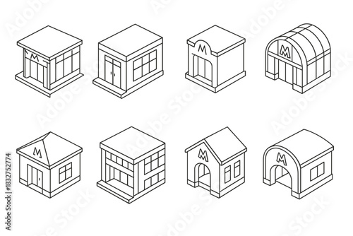 Collection of minimalist metro station building icons in line art style