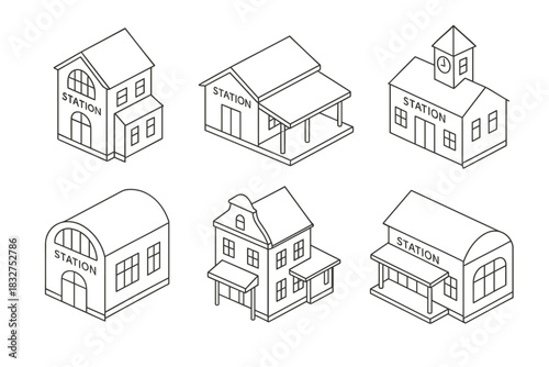 Isometric train station building designs for architecture and planning concepts