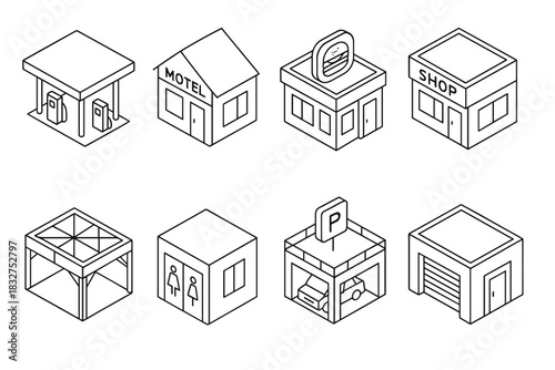 Minimalist isometric icons of urban buildings and facilities for design projects