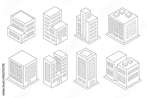 Set of isometric office building outlines for design and architecture projects