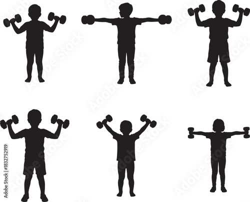Silhouette of a young boy exercising with dumbbells in various poses
