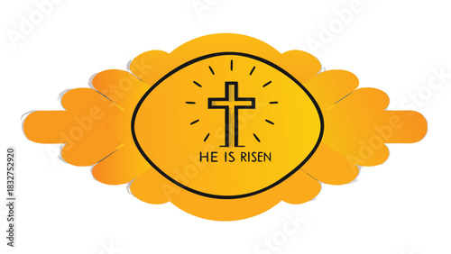 He is risen easter greeting with a stylized cross and radiant sunburst design on a white background