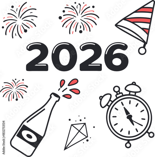 New Year's Eve Celebration 2026: An illustration of a new year's eve celebration. Featuring elements like fireworks and a champagne bottle popping.