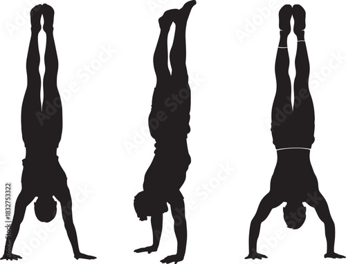 Three silhouetted figures performing handstands in various positions on a white background