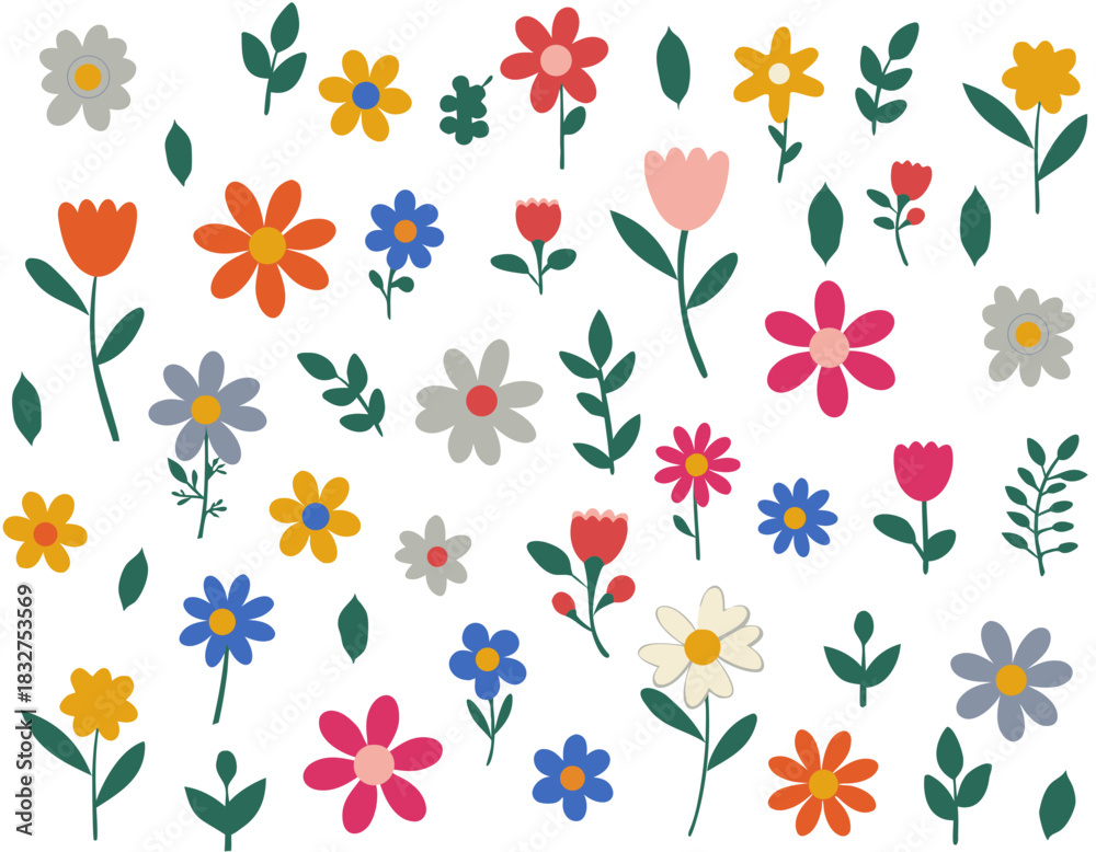 Obraz premium Diverse Array of Pixelated Flowers in Various Colors and Shapes Scattered on a Black Background