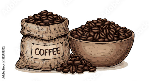 An artistic hand-drawn illustration depicting roasted coffee beans in a rustic burlap sack and a wooden bowl, perfect for beverage-related designs.