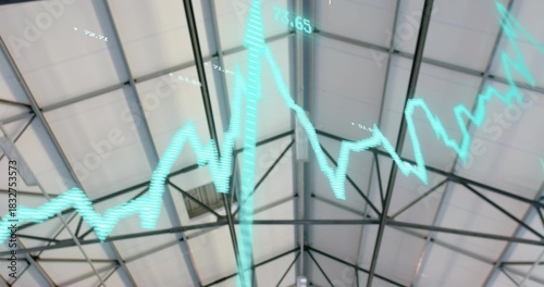 Floating teal line graph crossing pitched roof inside warehouse, showing steel trusses, ridge beam
