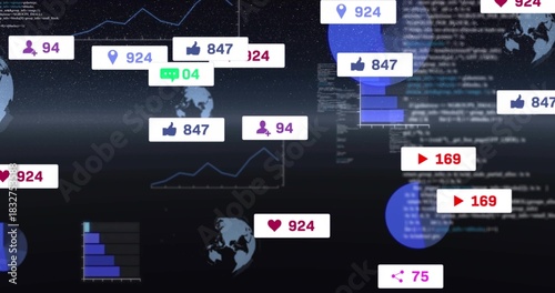 Wallpaper Mural Floating social media badges and widgets occupying dark data dashboard, showing globe icons, charts Torontodigital.ca