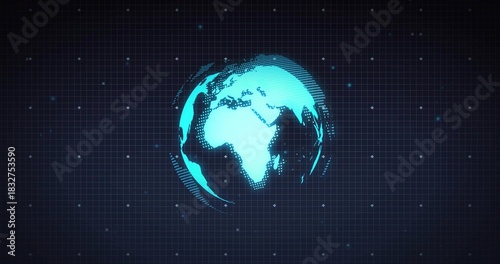 Rotating holographic globe projecting cyan halftone continents on dark grid plane, with motion arcs