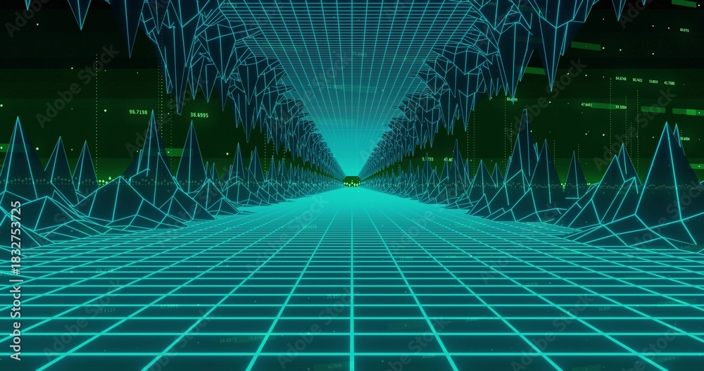 Obraz premium Glowing central cyan grid corridor drawing wireframe peaks into cyberspace, with yellow-green probe
