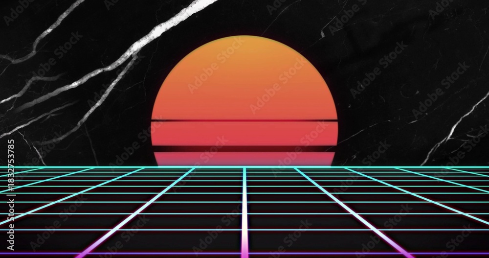 Obraz premium Glowing neon grid with cyan pink lines leading to scanline orange-red sun on retro marble backdrop