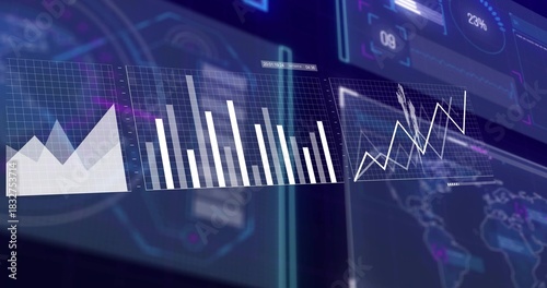 Displaying translucent dashboard panels across virtual command center, with area, bar, line charts