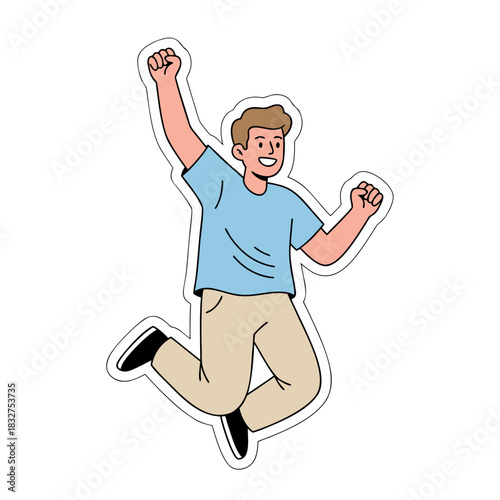 Joyful young man in light blue t-shirt and beige pants celebrating with arms raised high in mid air jump isolated on black background with white border