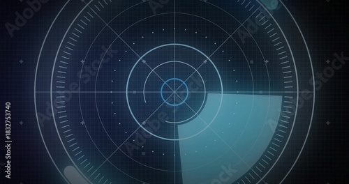 Displaying radar circle showing rings, crosshair, ticks on cockpit display, lower-right sweep blips