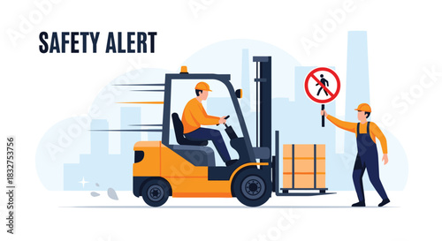 Safety alert concept with a worker holding a no pedestrian sign to stop a moving forklift in a warehouse environment, vector illustration.