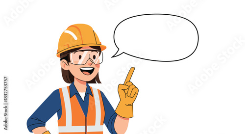 Female industrial worker in a hard hat and safety vest pointing upwards with a blank speech bubble for text, isolated on white.