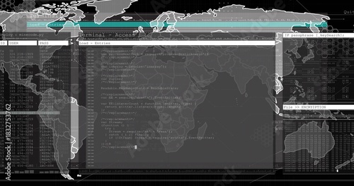Displaying central terminal running code and file tree on network dashboard, showing world map