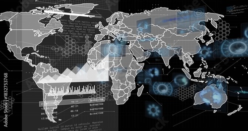 Displaying world map graphic on gridded digital dashboard with bar and line charts, timestamps, HUD
