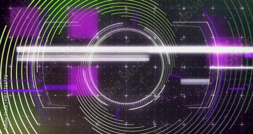 Displaying central HUD scanning on dark virtual backdrop with white beams magenta blocks lime arcs