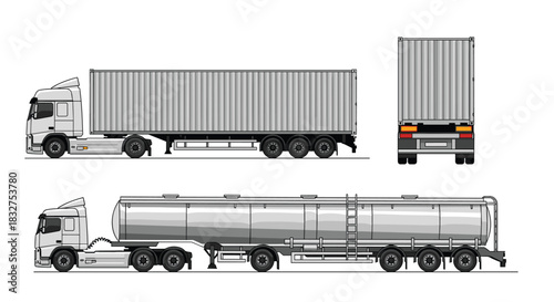 Set of semi-trucks with container and tanker trailers, shown in side and rear view for transportation and logistics concepts.