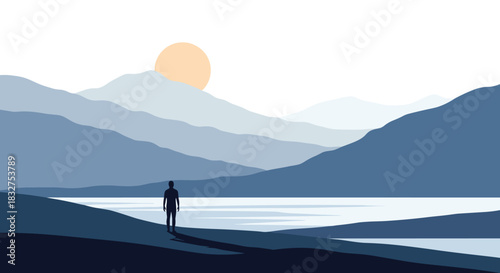 Silhouette of a lone person standing by a lake looking at a tranquil mountain range at sunrise or sunset, vector illustration.