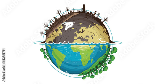 Conceptual illustration of planet Earth divided into a polluted, dead side and a lush, green, healthy side for environmental themes.
