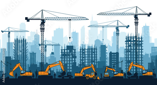 Silhouette of a large city construction site with multiple tower cranes and excavators working on new building developments.