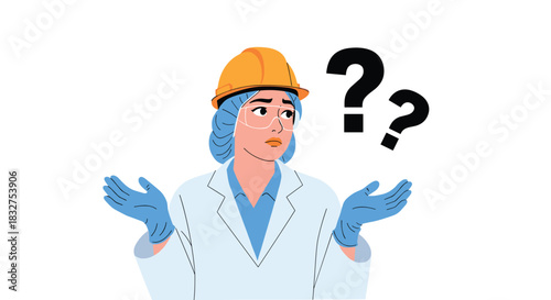 Confused female scientist or factory worker in protective gear shrugging with question marks, indicating a problem or uncertainty.