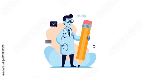 Doctor character holding a giant pencil, representing medical writing, prescriptions, health articles, or patient documentation.