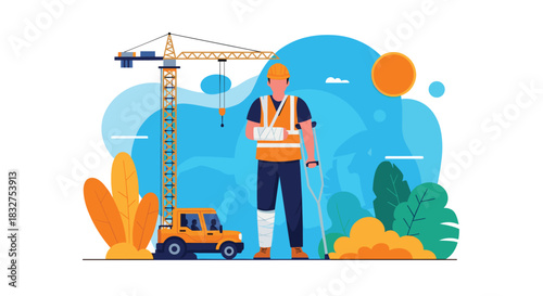 Injured construction worker with cast on arm and leg using crutches, standing at a site with a crane in the background.